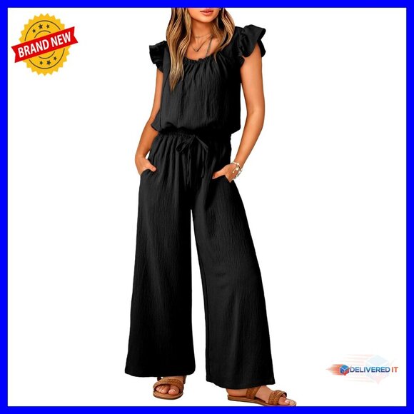 Pants - Summer Ruffle Sleeve Square Neck Jumpsuit Drawstring Waist Wide Leg Pockets